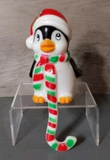 Vintage Penguin Stripe Scarf Christmas Stocking Hanger Shelf Sitter Hard Plastic