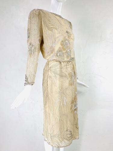 Vintage Oleg Cassini Champagner Elfenbein Schillernde Pailletten Perlen 2-teiliges Rock Top Set M/L - Bild 3 von 12