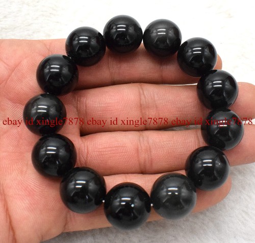 Huge 14mm Natural Black Obsidian Round Beads Elastic Bracelet 7.5" AAA+ - Picture 11 of 12