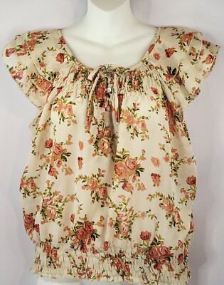 Marisol Shirt Womens Medium Red White Floral Pattern Pullover Fluffy Cap Sleeve