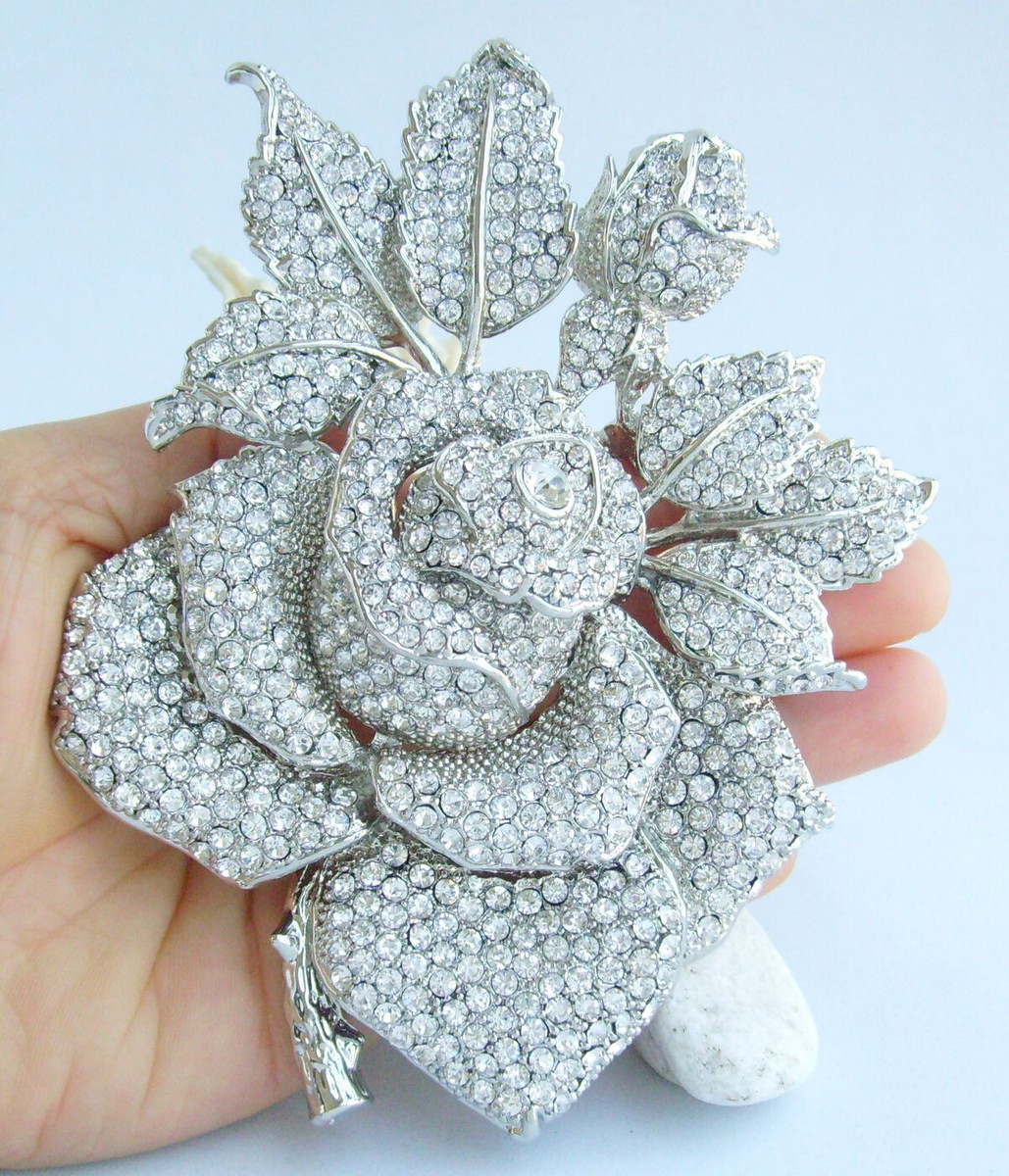 Gorgeous Big Rose Flower Brooch Pin Pendant Rhinestone