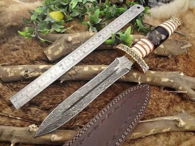 HUNTEX Handmade Damascus Blade, Buffalo Horn Handle, 380 mm Exotic Boot Dagger
