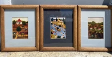 TRIPTYCH 3  ORIGINAL SIGNED FOLK/NAIF Village Scenes Matted/Framed MARIKA S. EUC