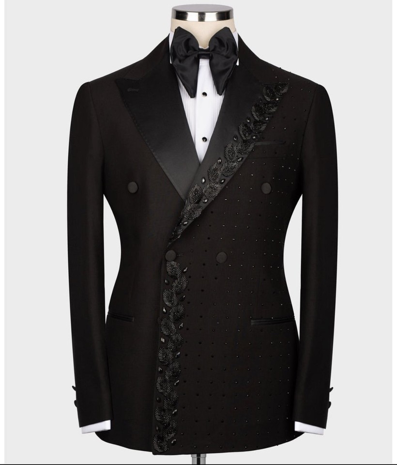 Luxury Men Suits Tailored Blazer Pants Beads Double Breasted Peaked Lapel