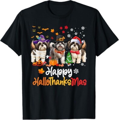 Shih Tzu Dog Halloween Christmas Happy Hallothanksmas Unisex T-Shirt