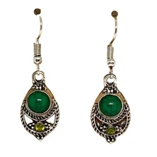 Silver Tone Dangle Earrings Green Faux Stone and Yellow Rhinestone Vintage Style