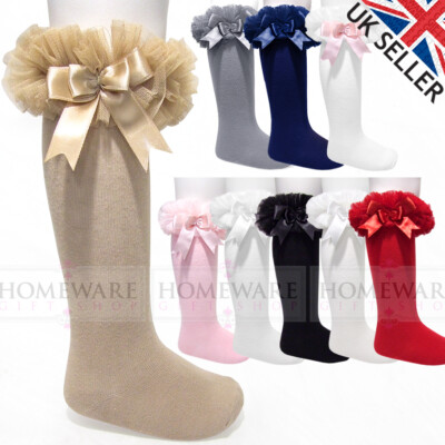 GIRLS DESIGNER SPANISH RED LONG SOFT TUTU FRILLY SOCKS WITH SATIN BOW