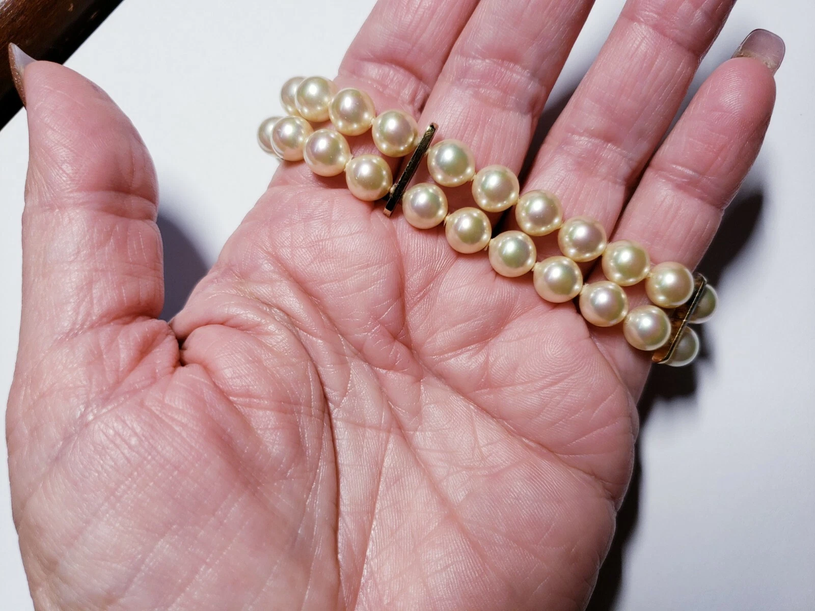 OFF WHITE Bracciale doppio filo firmato metallo anni 70 bianco sporco perle finte 8 pollici vintage