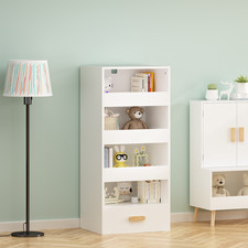 4-Tier Bookshelf with 4 Sliding Drawers, White, 42.13"H x 18.9"W