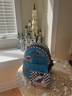 LOUNGEFLY DISNEY PIXAR CARS MCQUEEN DINOCO MINI BACKPACK & WALLET NWT