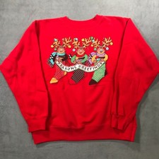 Vintage 80s Christmas Sweater Women's M Red Reindeer Stockings Seasons Greetings