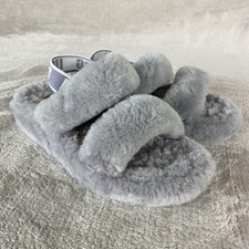 UGG Oh Yeah Slide Sandals Womens Size 10 Gray Shearling Fuzzy Slingback