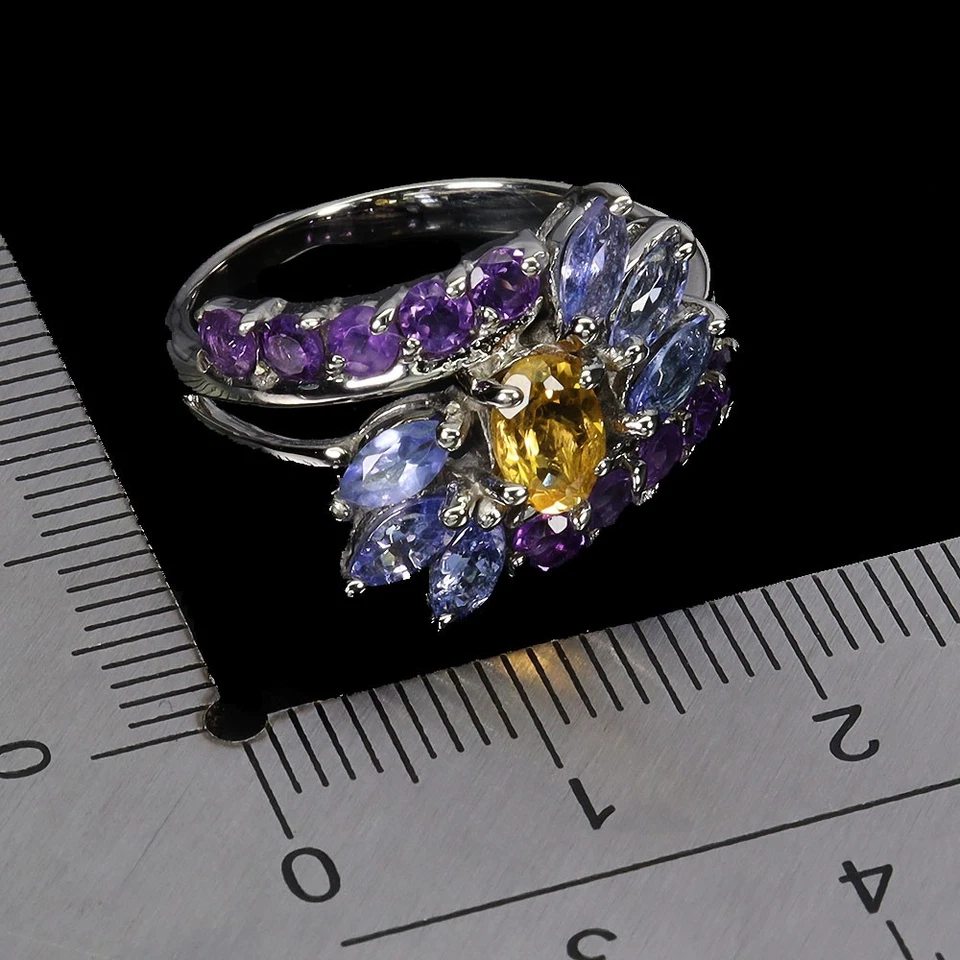 925 Anello Argento Sterling Ovale Citrino 6x4mm Tanzanite Gemma Gioielli Size 7 - Immagine 3 di 4