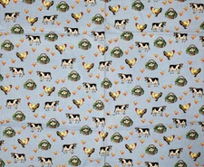 Joan Kessler Concord Fabric Farm Chicken Cow Toss Blue Gingham 35 x 44