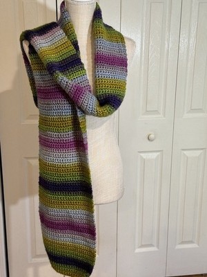 Handmade Crochet Scarf in Greens Purples and Grays Stunning 9.5''x76''Coastal Core