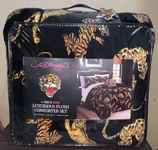 Juego de edredón, fundas y almohadas de felpa Ed Hardy negro con tigres agachados KING 4 piezas