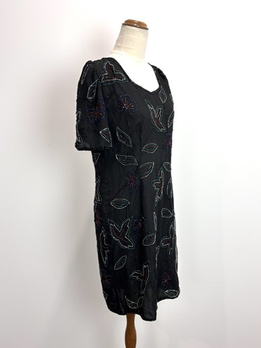 Jennifer Womens Dress L Black Beaded Flowers Pencil Silk Formal Gothic Y2K Event - Picture 5 of 11