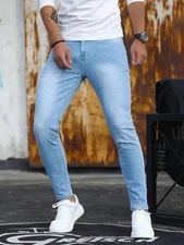 Men Jeans Stretch Skinny Denim Pants Solid Color Black Blue Spring Luxury Street