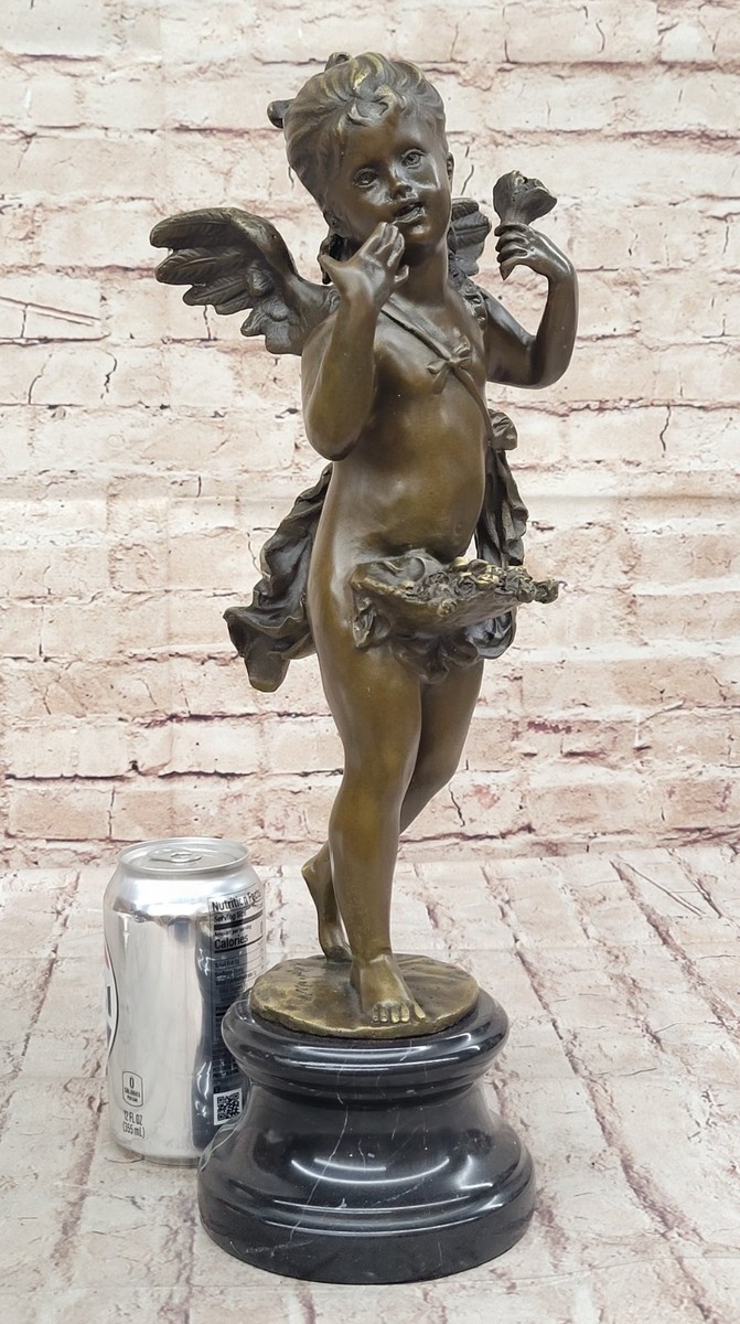 VTG Math Moreau 17” Bronze Angel Sculpture Cherub Flute Marble
