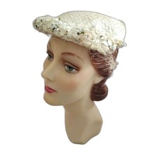 Vintage 1950s Cream Straw Hat With Floral Trim and Rhinestones