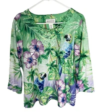 ALFRED DUNNER Shirt Size L Lace Design Bird Floral Top Pullover Spring NEW