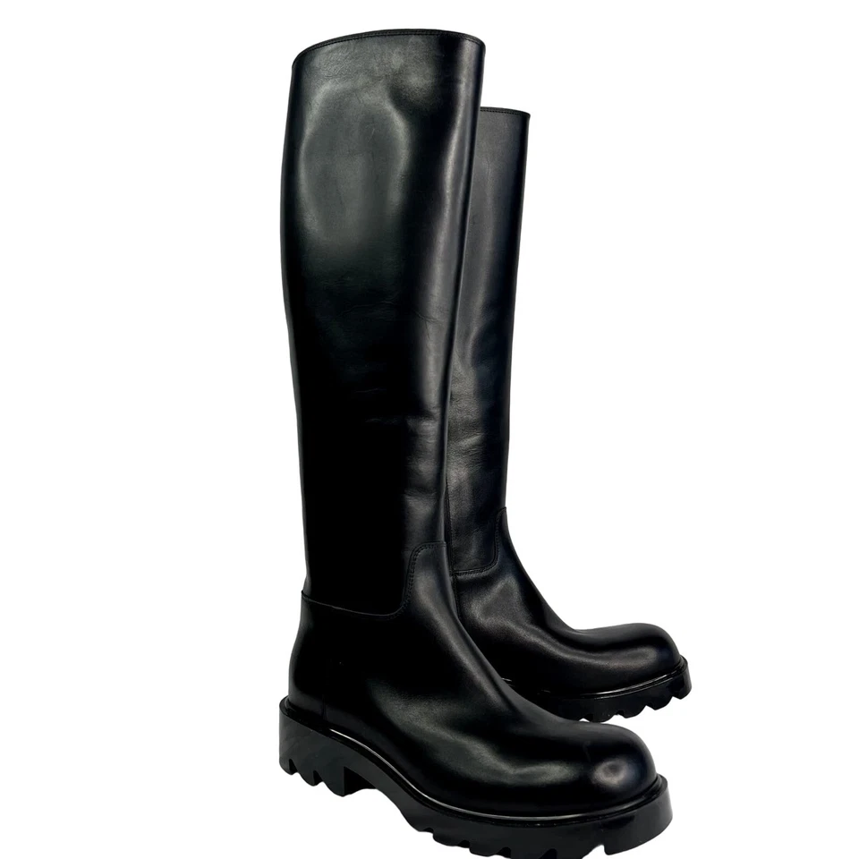 Bottega Veneta Strut Leather Knee High Boots Black Chunky Rubber Lug Sole 38.5 - Image 2 of 4