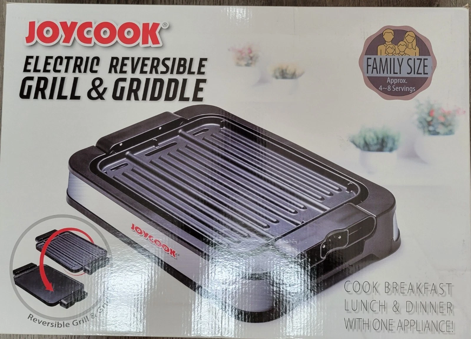 JOYCOOK EDC-ET2100A Electric Reversible Grill + Griddle, Family Size, Non-Stick