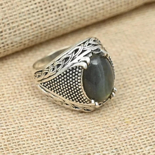 Labradorite Gemstone Ring 925 Sterling Silver Men's Handmade Ring All Size 37 - Afbeelding 2 van 4