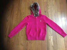 Ralph Lauren Pink Zipper Faux Fur Trim Hood Flag Knit Sweater Girls Sz M 8-10 
