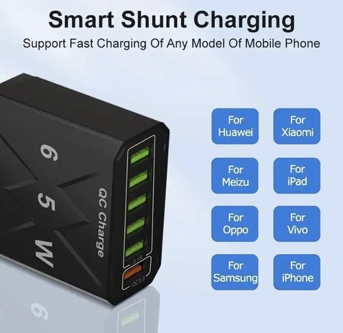 ๐ฎ๐น Caricabatterie 65w 6 Porte USB, Universale, QC 3.0, Per Casa, Viaggio - Foto 5 di 9