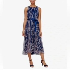 Alex Evenings Navy Blue Silver Embroidered Midi Dress Satin Belt Size 22W 209
