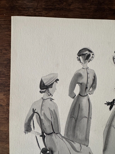 Original Vintage Fashion Drawings Illustrations Vogue 1950s Gouache Paper Rare - Picture 2 of 10