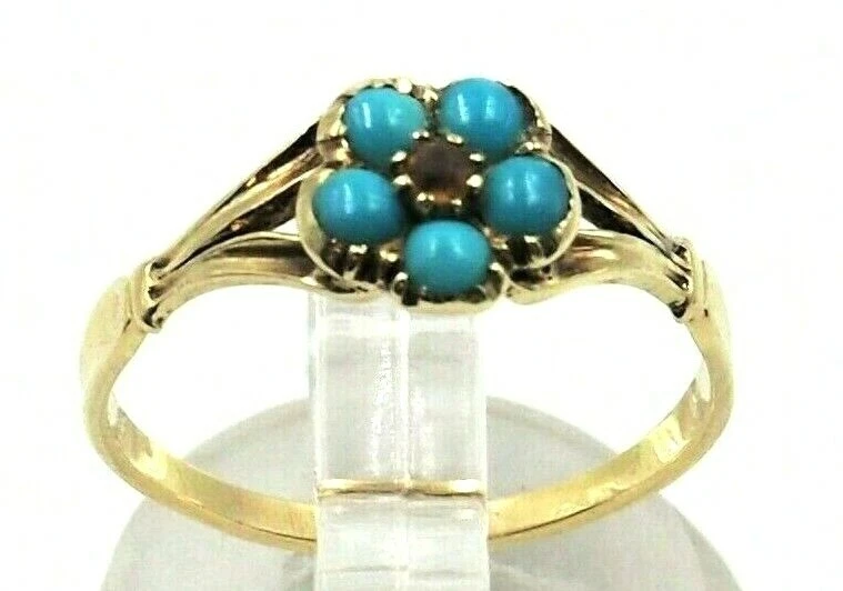 Victorian Vintage Forget Me Nots Turquoise Garnet 9ct Gold