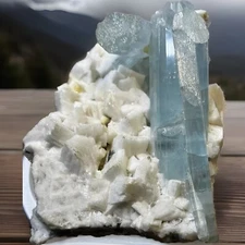 AQUAMARINE BERYL Free-Form Blue Crystal Gemstone On Feldspar