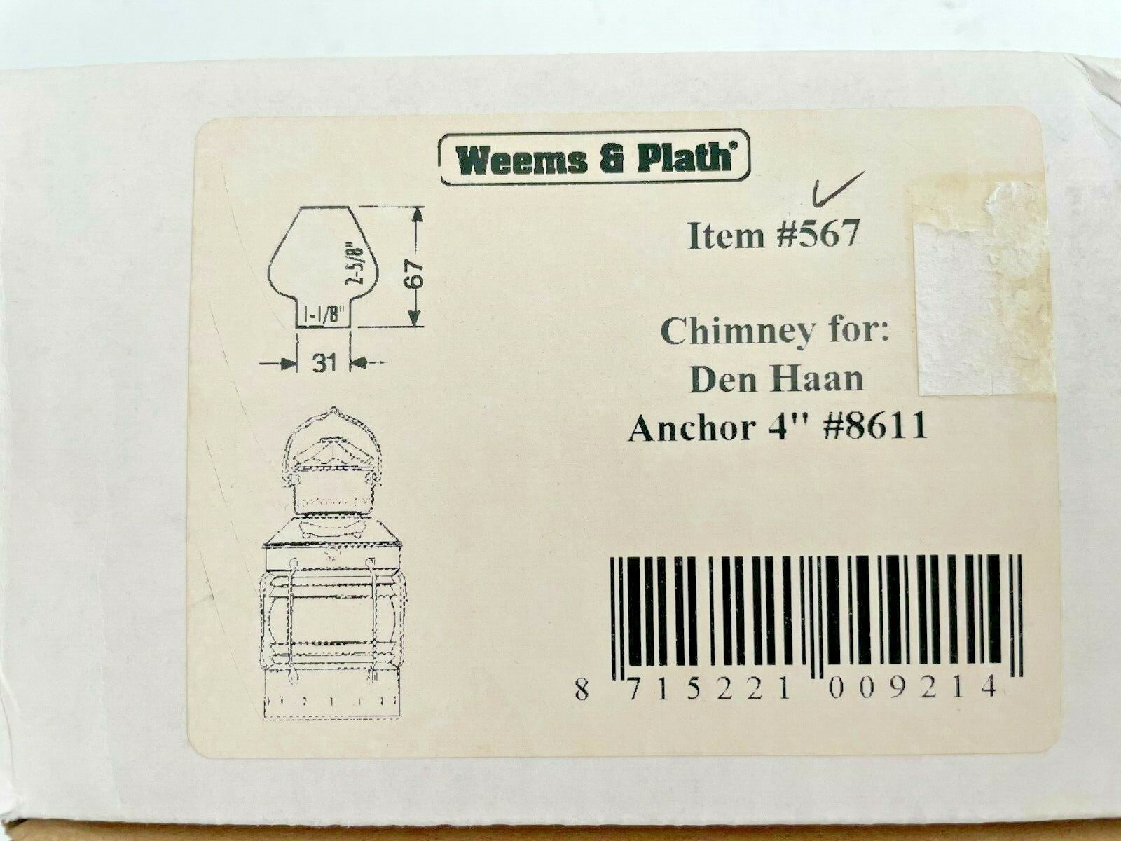 Weems & Plath DHR Oil Lamp Glass Replacement Chimney Anchor 4" 8611