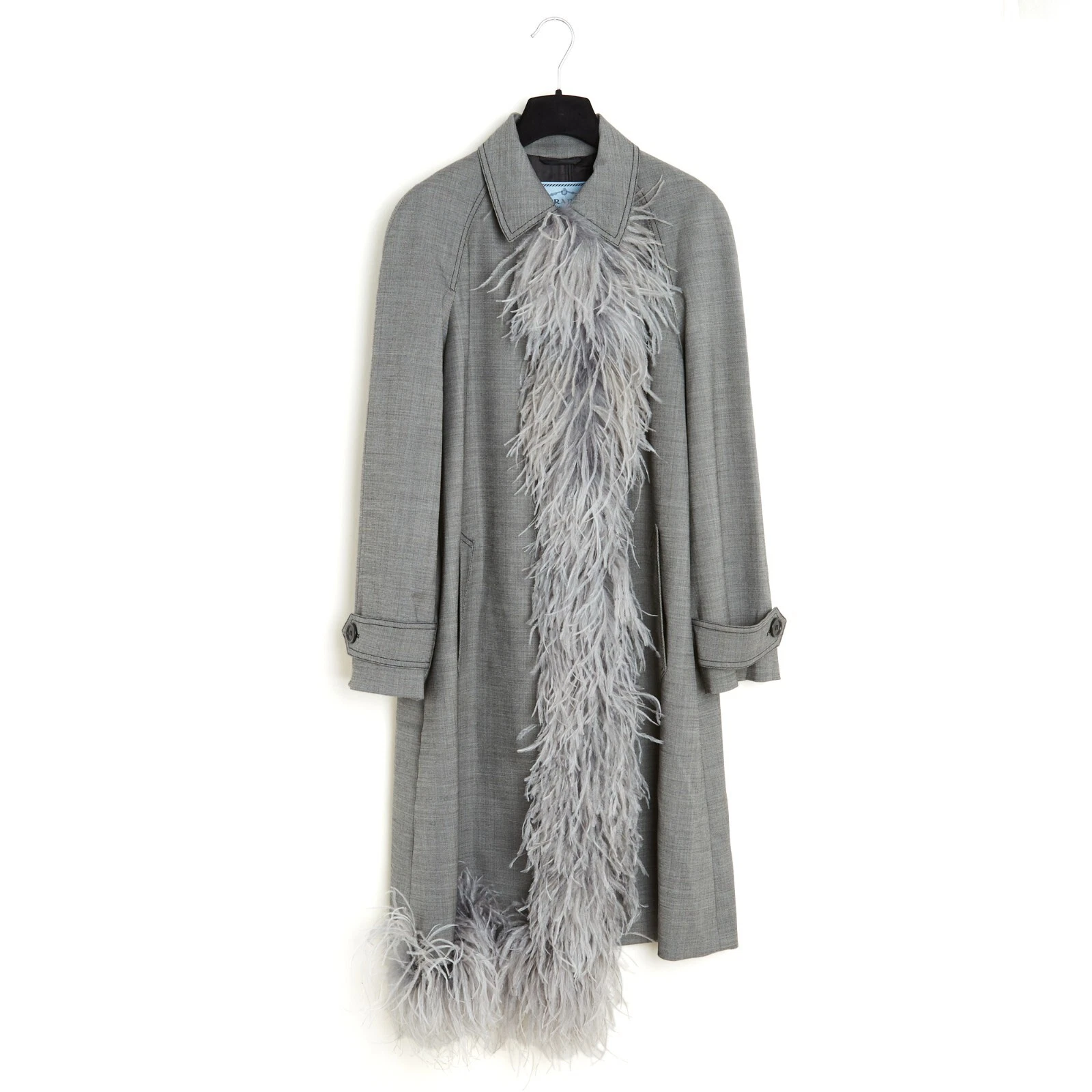 Prada 2016 Manteau 40IT Oversized Grey Wool and Feathers Trench Coat UK8 US6 to