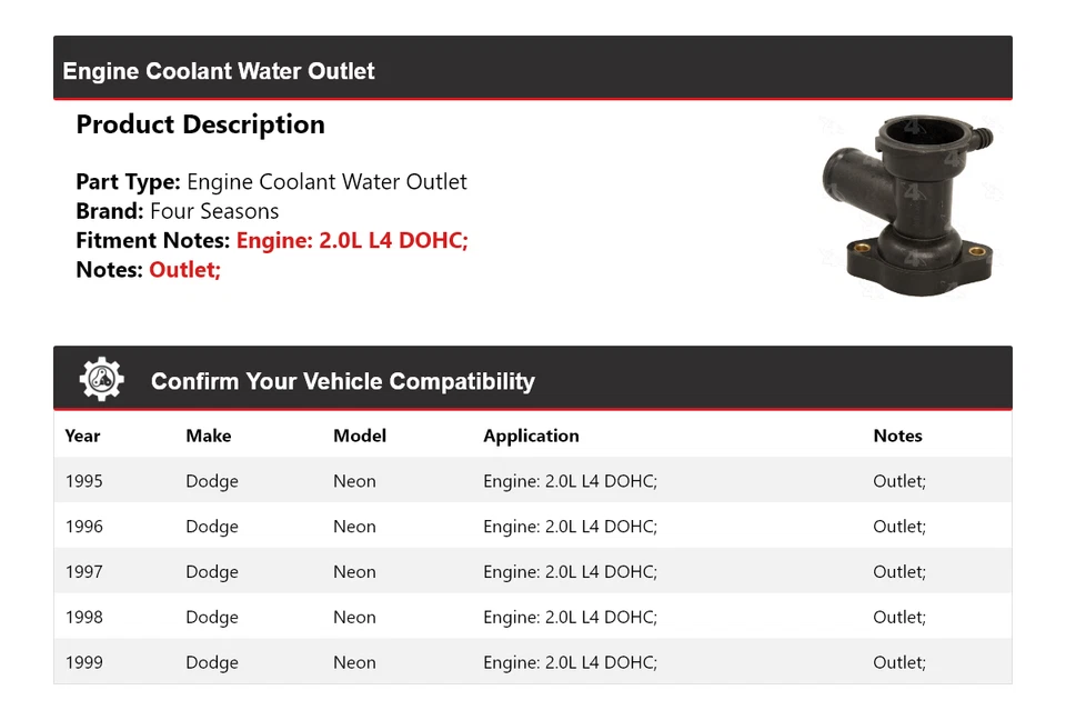 For 1995-1999 Dodge Neon 2.0L L4 DOHC Engine Coolant Water Outlet 4 Seasons 1996 - Image 2 of 4