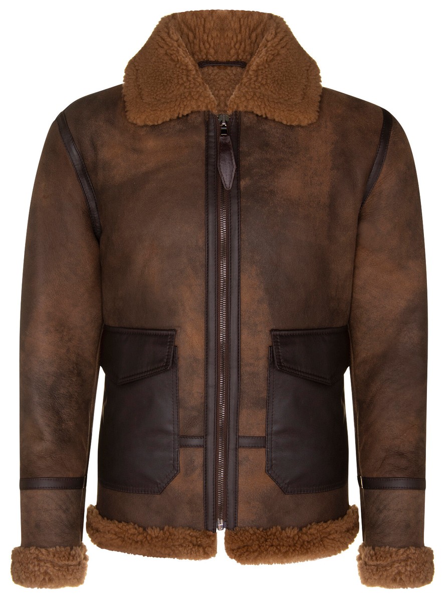 Herren Antik Brown B3 Schafsfell Jacke Shearling Aviator Pilot - Main Image