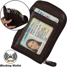 Accordion Wallet Leather 12 Slots Credit Card Holder RFID-Blocking Zipper Pocket