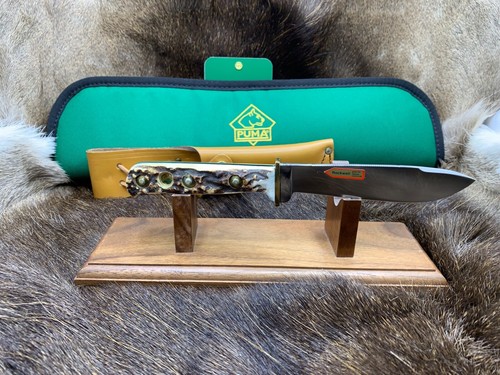 1990 Puma 6378 Outdoor Knife With Stag Handles In A Green Puma Pouch++ - Picture 4 of 12