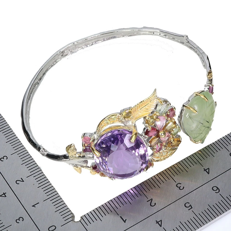 925 Sterling Silver Bangle Oval Amethyst 42ct Prehnite Handmade Gemstone 6.5in - Image 3 of 4