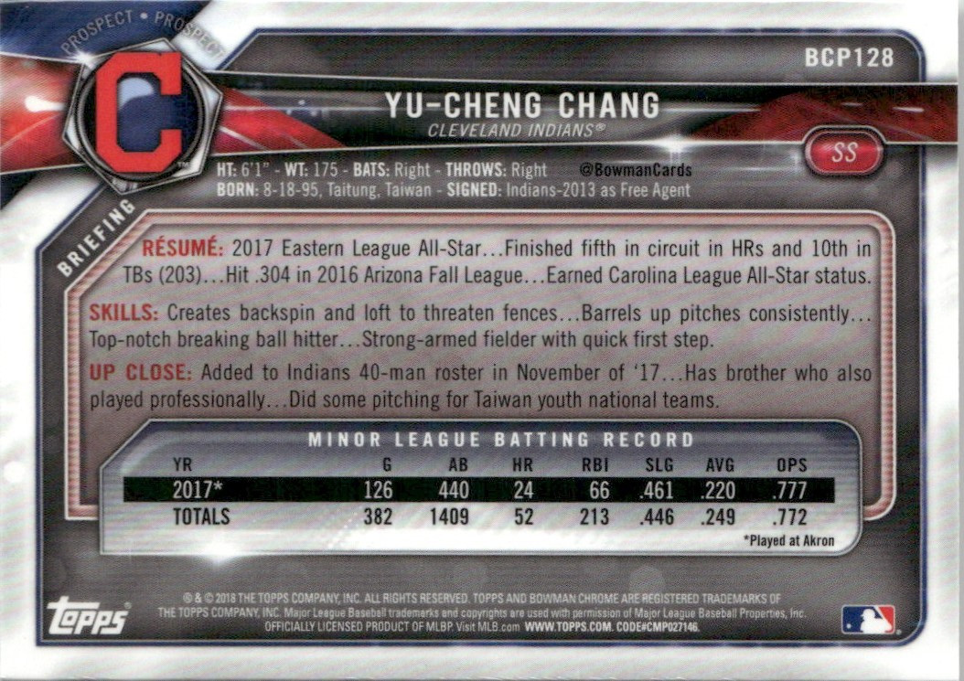 2018 Bowman Chrome Prospects Yu-Cheng Chang Cleveland Indians #BCP128