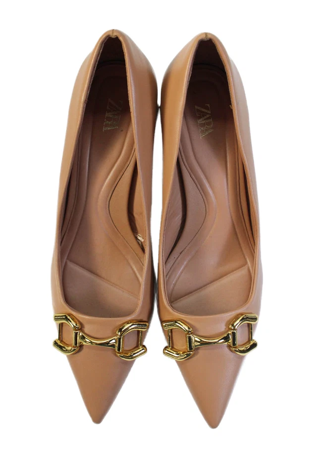 Zapatos de salón Zara para mujer con tacón ancho punta puntiaguda de cuero marrón talla 40 Foto 2 de 4