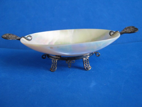 MOTHER of PEARL OVAL OPEN SALT CELLAR w/INTRICATE METAL HANDLES & BASE