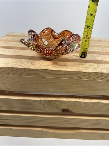 Murano Vintage Flower Bowl Art Glass Ashtray Gold Fleck Orang Dish Retro Ruffles - Picture 11 of 11