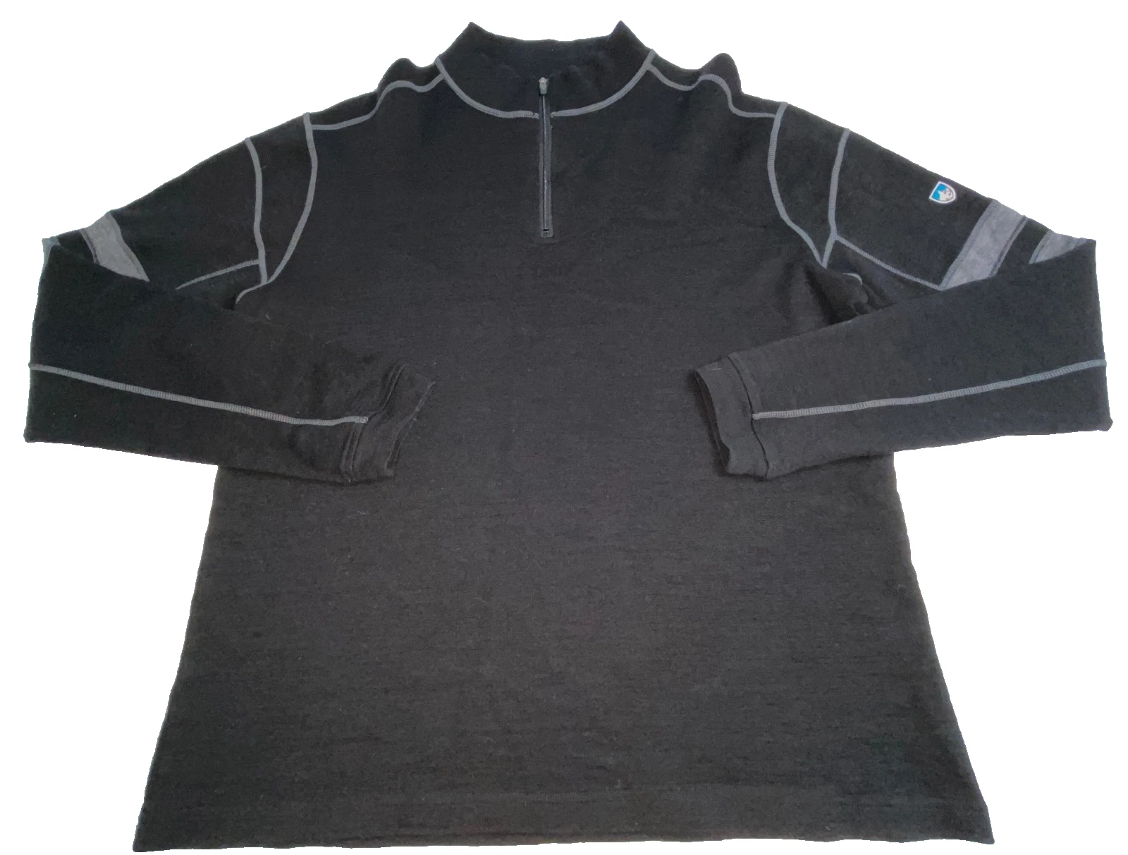 Kuhl Team Sweater Men's XL Black 100% Merino Wool 1/4 Zip Thumb Holes Aeroknit