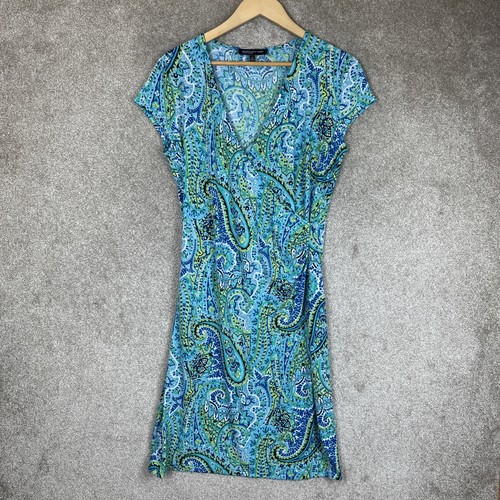 Jones New York Dress Womens Medium Blue Green Paisley Cap Sleeve Stretch- 2945*