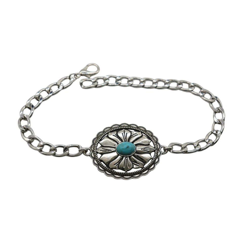 Women 2PCS Silver Metal Boot Chain Bracelet Shoe Anklets Flower Charm Turquoise - Imagem 4 de 4