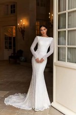 Elegant Lace Mermaid Wedding Dresses Long Sleeve Bridal Gowns Backless Appliques