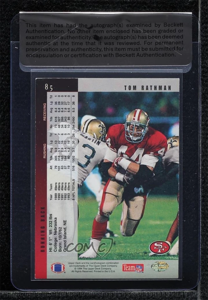 BAS 1994 Upper Deck Tom Rathman #85 Seal of Authenticity Auto - Image 2 of 2